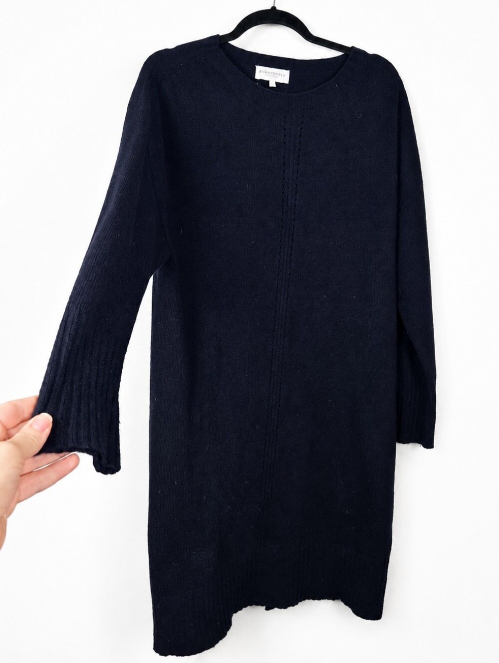 Bianco & Blu L Navy Merino Wool Cashmere Sweater Dress Made Italy Quiet Luxury